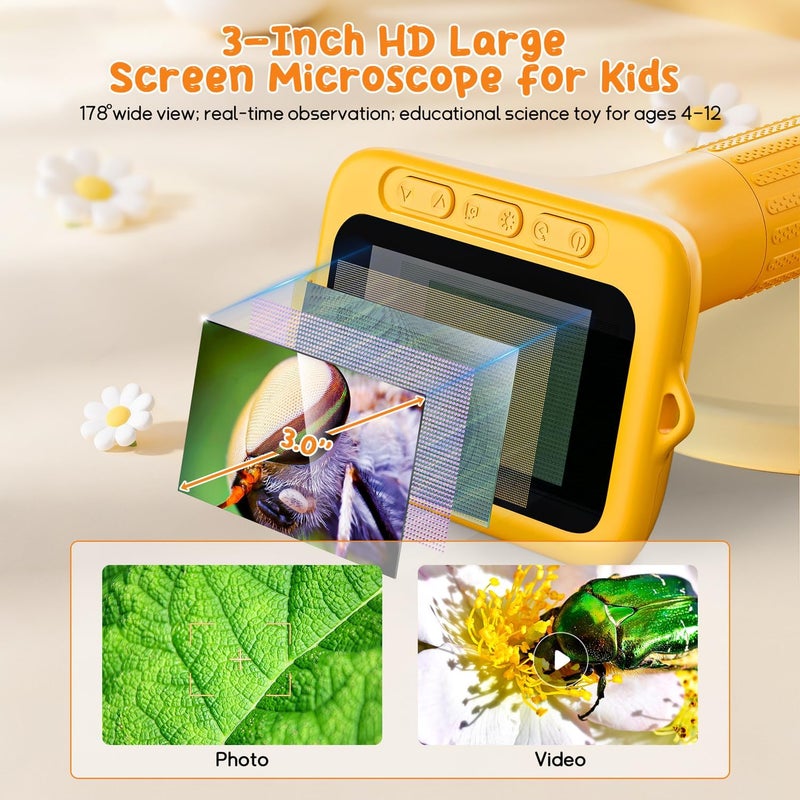 Skybasic Digital Microscope for Kids, 3" Screen 1000X Handheld Microscope HD Pocket Portable Microscopes Camera, Science Edu Fun Birthday Gifts Toys for Ages 4-12 Children Students Boys Girls -Yellow - Image 2